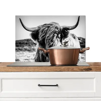 Produktbild von KitchenYeah®  Spritzschutz Küche - Küchenrückwand - Wandschutz für Herd und Spüle - Schottisches Hochlandrind - Natur - Kuh - Schwarz - Weiß 60x40 - Alu-Dibond (Alternative zum Spritzschutz aus Glas)
