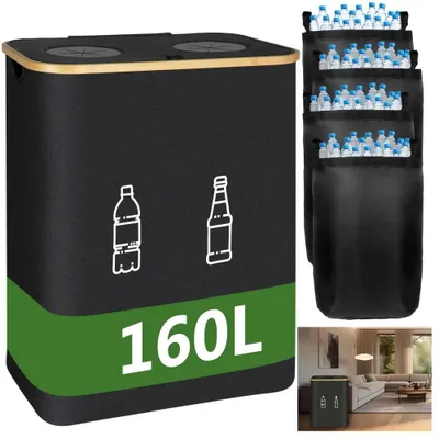 Image de Conteneur de recyclage - Conteneur de recyclage pour bouteilles - 160 litres - Pliable - Tissu Oxford 600D - 4 poches intérieures lavables - Sans couvercle - Noir