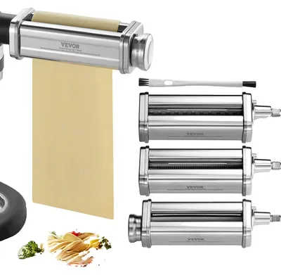 Produktbild von VEVOR Nudelaufsatz für KitchenAid Standmixer, Edelstahl Nudelwalze Schneide-Set einschließlich Nudelblattwalze, Spaghetti- und Fettuccine-Schneider, 8 verstellbare Dicke Knopf Nudelmaschine, 3 Stück, 3-teilige Set