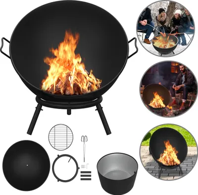 A collage of images showing a black fire pit with a fire burning, people gathered around a fire pit in the snow, a man sitting by a fire pit, and various components of the fire pit.