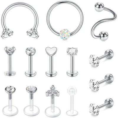 Productafbeelding van Piercingset, 14 stuks, chirurgisch staal, oorbel piercing voor kraakbeen, oorstekers, 16G, zilverkleurig