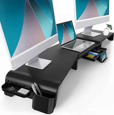 Monitorständer Holz, verstellbar, mit Schublade, 75–119 cm, Schwarz