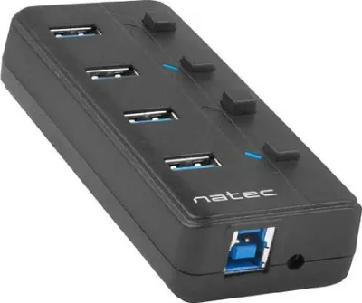 A black USB hub with multiple ports, shown at an angle on a white background.