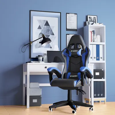 Produktbild von Bigzzia Bürostuhl, Gaming Stuhl, Gaming Sessel, Schreibtischstuhl, Ergonomisches Design mit Kissen, bis zu 110 kg, Blau