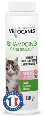 Produktbild von VETOCANIS Trockenshampoo Katzen ohne Wasser, Pulver mit 100% Talk, Lotus-Duft, 150 g