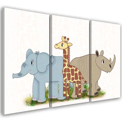 Obrázek produktu pro Triptych na plátně zvířata - kolorovaná 90x60 cm Feeby barevná nástěnná malba připravená k zavěšení