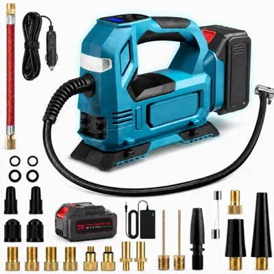 Produktbild von Elektrische Luftpumpe, mit 21V Akku und Ladegerät, 150 PSI, Wiederaufladbare, Tragbarer Akku-Kompressor mit LED-Leuchte und Digitalem Manometer,Blau