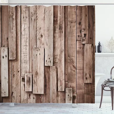 Image de ABAKUHAUS Rideau de douche en bois, grange vintage, planches murales, sépia, impression artistique ancienne, contreplaqué naturel, lodge, 175 x 200 cm, gris-brun