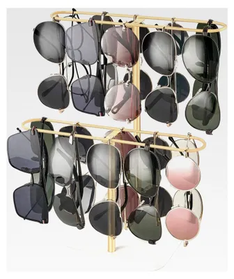 Produktbild von Sonnenbrillen-Organizer, Brillenhalter, Ständer für 24 Brillen, 2 Ebenen, Aufbewahrung für Sonnenbrillen, Metallrahmen mit Holzsockel, für Tisch und Schreibtisch