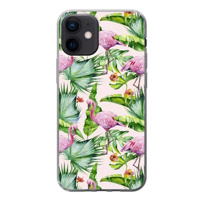 Produktbild von MuchoWow® Handyhülle Schutzhülle Hülle für iPhone 12 Flamingo - Pflanzen - Muster Silikon Softcase Handy Hülle - Schutzhülle