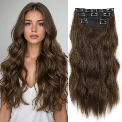 Produktbild von XFSRG 4 Stück Clip in Haarverlängerungen Wellig Haarteile Clip in Extensions Haarextension Hair Extensions für Mehr Volumen und Längere Frisuren mit Sicherem Halt für Damen (Hellbraun)