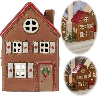 Produktbild von LS-LebenStil Teelichthaus Lichterhaus Nyhavn 15cm Braun Keramik Fachwerkhaus Teelichthalter  Windlicht Kerzenständer Wohnzimmer, Fensterbank