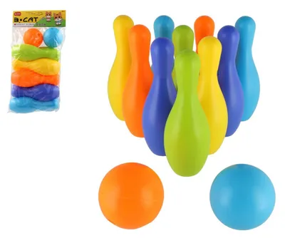 Immagine prodotto di 10 birilli + 2 palline in plastica in un sacchetto da 22,5 x 43 cm