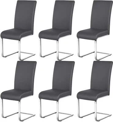 Six dark gray dining chairs with silver metal frames are arranged in two rows of three against a white background.