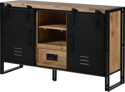 Image de MASSIVMOEBEL24 | Buffet en bois de Manguier 150x45x90 laqué naturel clair / métal noir BLACKBURN #111