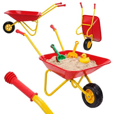 Produktbild von Relaxdays Schubkarre Kinder, rutschfeste Griffe, HxBxT: 43 x 74 x 36 cm, Metall, Kunststoff, Kinder-Scheibtruhe, rot