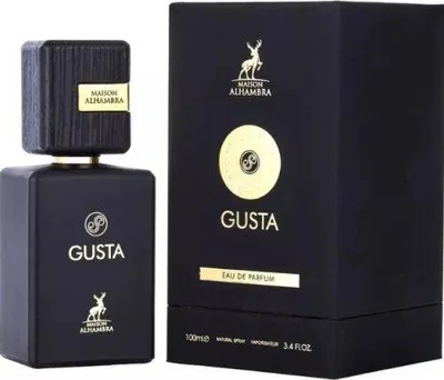 A black perfume bottle and its packaging are displayed against a white background.