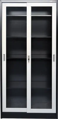 A full-frontal view of a closed, dark grey metal filing cabinet with white sliding doors and silver handles.