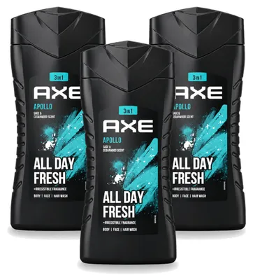 Imagen del producto de 3 unidades de gel de ducha Axe Apollo 3 en 1 - Aroma a salvia y cedro - 250 ml - Paquete económico