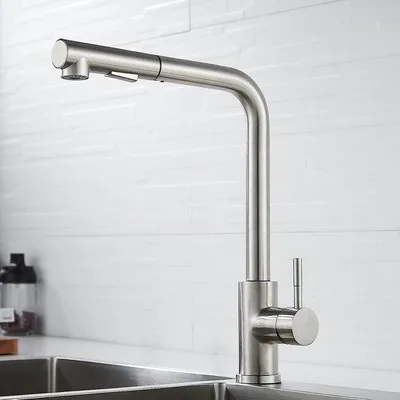 Obrázok produktu pre Uniqoos® kuchynská batéria s výsuvnou sprchovou hubicou, 2 stupne striekania, otočná o 360°, z brúsenej nehrdzavejúcej ocele, keramická kartuša, vhodná pre všetky umývadlá