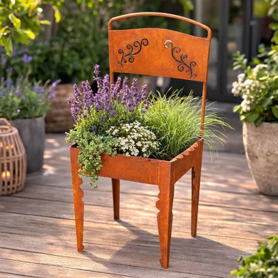 Produktbild von Pflanzstuhl Edelrost Metall – Gartenstuhl Pflanzkübel Vintage Rostoptik – Gartendeko
