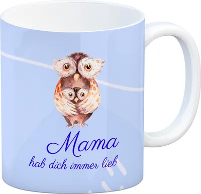 Produktbild von Mama hab dich immer lieb Kaffeebecher mit niedlicher Eule in blau