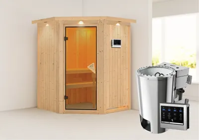 Produktbild von Karibu Sauna Innensauna Nanja Eckeinstieg Ofen 3,6 kW -Ofen externe Strg. easy 165x165x202 cm mit Dachkranz  mit Bronzierter Tür