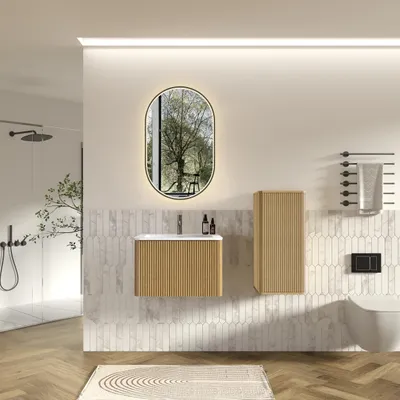 Zdjęcie produktu dla Komplet mebli łazienkowych 60 cm z umywalką wiszącą, lustrem LED o owalnym kształcie i szafką boczną | Komplet mebli łazienkowych z fakturą żłobkową, szafką pod umywalkę, możliwością regulacji intensywności światła i funkcją anty-mgielną, w kolorze białego dębu
