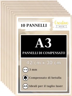 Immagine prodotto di Creative Deco 10 x Pannelli A3 Compensato Betulla 3mm | 420 x 300 mm | Per Incisione Laser, Decorazione, Modellare, Pirografia e Taglio Laser