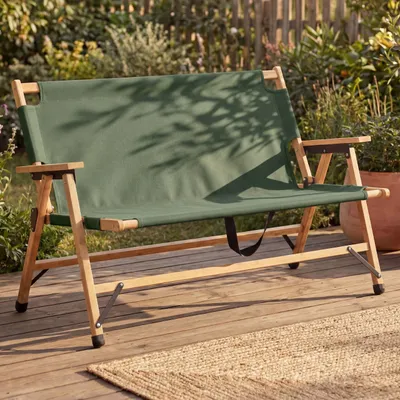Produktbild von Bambus Campingbank HWC-Q40, Outdoorbank Picknickbank Gartenbank, klappbar Tragegriff Stoff/Textil 117cm grün