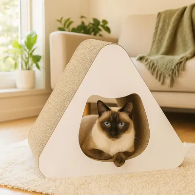 Imagen del producto de QLS: Mueble para gatos 3 en 1, de cartón corrugado, 34x42x34 cm, color blanco. Incluye: zona de descanso, cueva y rascador. Modelo 11384