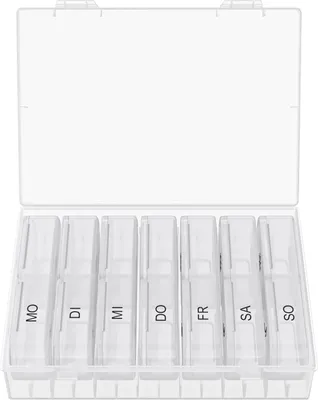 Produktbild von WELLGRO Tablettenbox für 7 Tage - Pillendose je 2 Fächer pro Tag - Klappdeckel mit Druckverschluss - Aufbewahrungsbox - BPA-freier Kunststoff