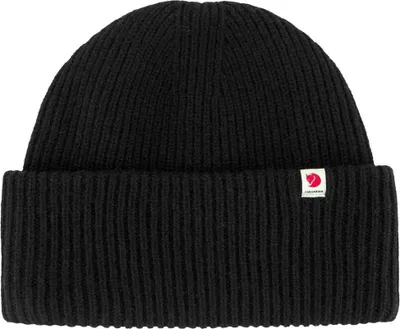 A black beanie hat is shown from the front on a white background.