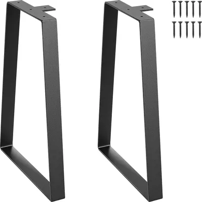 Two black metal table legs are shown against a white background. A set of screws is also visible to the right of the legs.
