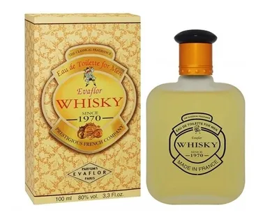A bottle of Evaflor Whisky Eau de Toilette for Men and its packaging are displayed against a white background.