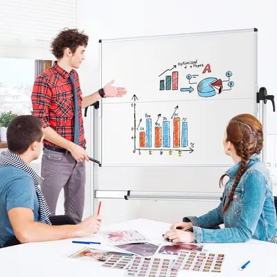 Image de Tableau blanc mobile double face, 112 x 112 cm, magnétique, sur roulettes, effaçable à sec, avec cadre en aluminium et support