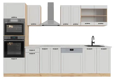 Produktbild von Küchenzeile Vicco R-Line Weiß Landhaus/Goldkraft Eiche 300 cm mit Hochschrank, AP Marmor, Model 53824