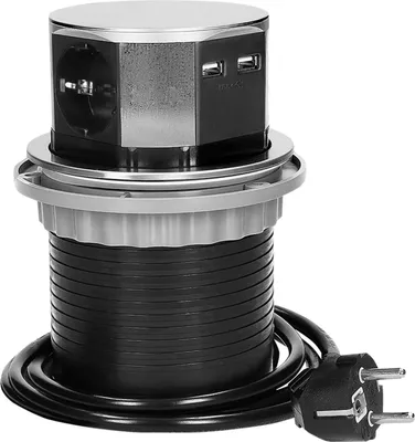 Produktbild von Tisch-Einbausteckdose Ø10cm, 3fach, 2 USB 2,4 A, Edelstahl, versenkbar