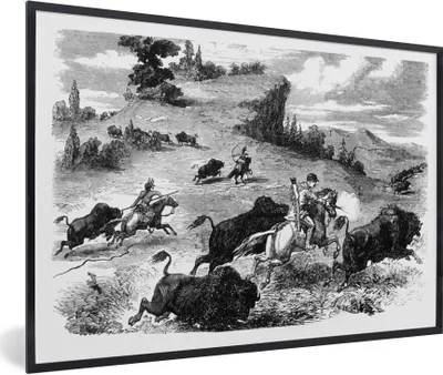 Produktbild von MuchoWow® Gerahmtes Poster Eine Illustration der Bisonjagd 90x60 cm - Poster mit Schwarzem Bilderrahmen Wandposter Rahmen Foto Bilder - Fotorahmen - Foto-Plakat