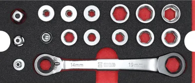 Produktbild von WGB MES Ratschen-Ringschlüsselsatz 28in1, 16-teilig, Rot, Kombi Zöllig/Metrisch