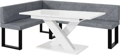 Produktbild von MEBLINI Eckbank für Esszimmer mit ausziehbarem Tisch - Küchenbank - Essecke - Sitzecke Küche - ERIC - U-Beine 142x196x87cm Links - Grau Samt/B Weiß Hochgl.