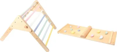 A wooden Pikler triangle climber and a Montessori board with pastel-colored climbing holds are displayed against a white background.