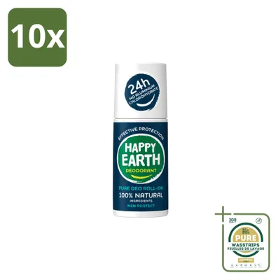 Imagen del producto de 10 unidades de desodorante roll-on para hombre "Happy Earth Protect", 100% natural, 75 ml, pack ahorro