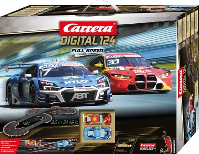 The image shows the packaging of a Carrera Digital 124 Full Speed slot car racing set.