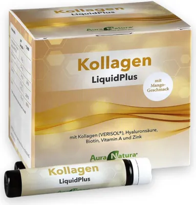 Produktbild von Aura Natura® Kollagen Trinkampullen mit Verisol Kollagen Peptiden Typ 1, 3 (aus Rind) Hyaluronsäure, Zink, Vitamin A, Biotin für Haut, Haare, Nägel - 30 trinkfertige Ampullen, 1 Monat Vorrat | Mango Geschmack