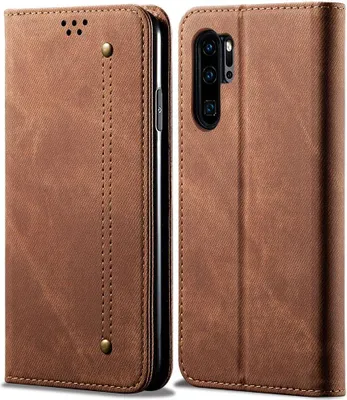 A brown flip-style phone case for a Huawei P30 Pro is shown from the front and side.