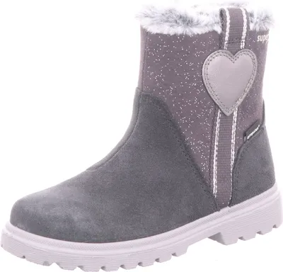 A single gray winter boot for children with a heart detail.