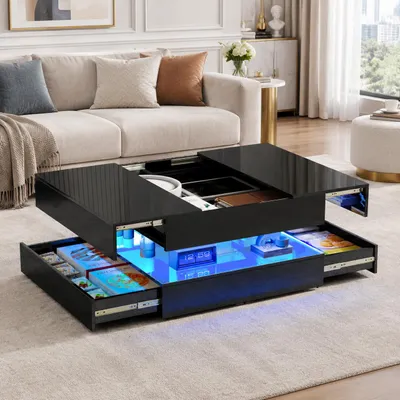Produktbild von INONEFT Ausziehbarer Couchtisch 78x78x43cm, Wohnzimmertisch mit 2 Schubladen, Beistelltisch mit verstecktem Stauraum, Sofatisch, Schwarz