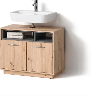 A bathroom vanity with a sink and faucet, shown against a white background.