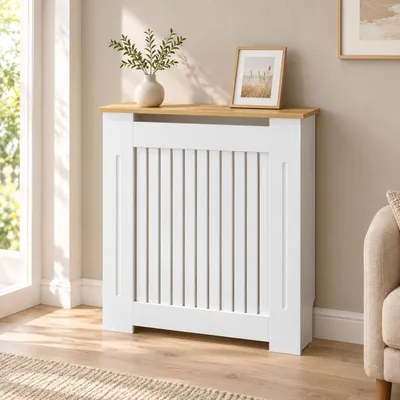 Obrázok produktu pre WISFOR Kryt radiátora 78x20x92,5 cm, obloženie radiátora z MDF, biele, polica s dekorom dreva